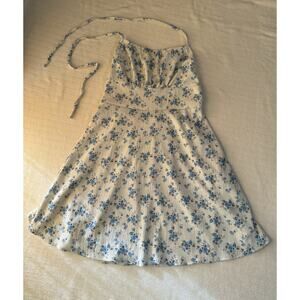 Shein Beige Blue Floral Ruffle Strappy Halter Sleeveless A-Line Sundress XS